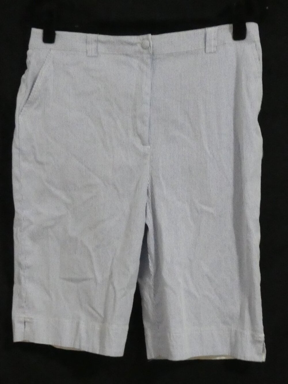 TABI Stretch Textured Blue and White Pinstripe Bermuda Shorts - Women's Size 14